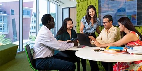 Diverse student group sitting around a small table