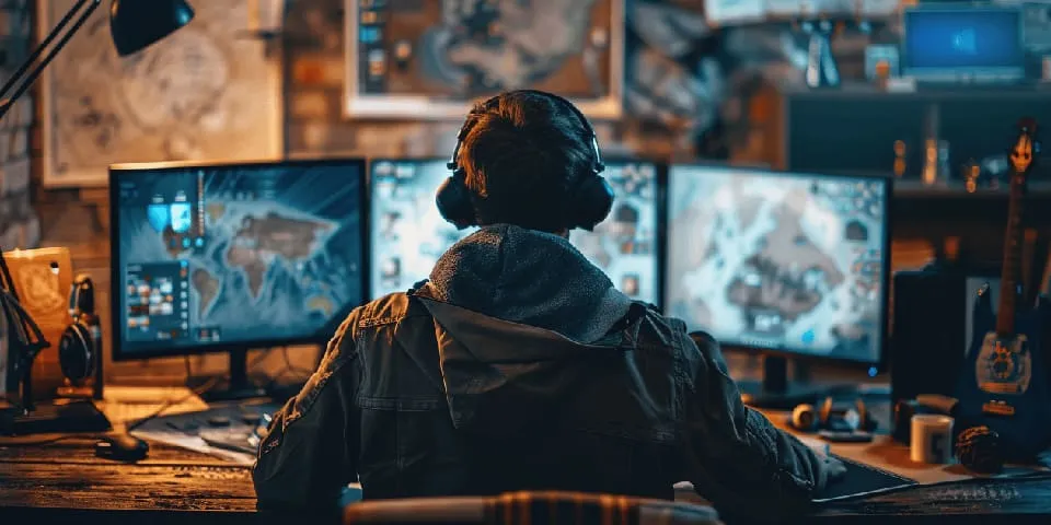 Digital Creative Industry Student sitting at his desk in front of three screens.