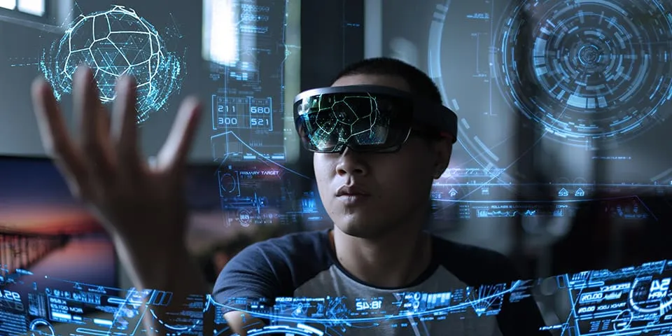 Abstract image of a science student wearing VR glasses, reaching out to imaginary chemical elements