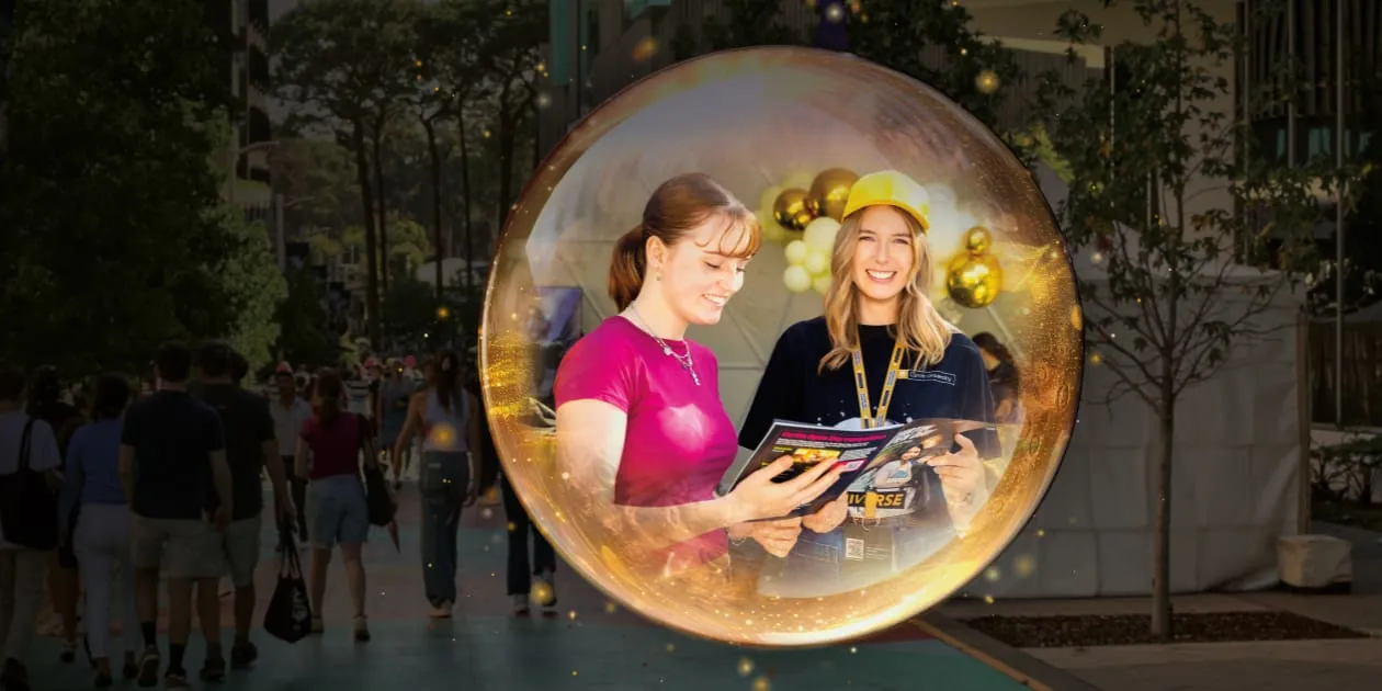 Curtin Open Day 2026: Students reading a brochure, depicted in a golden bubble against a black background.