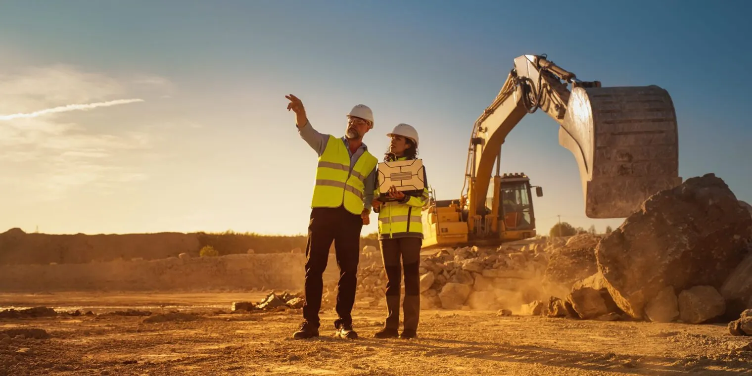 Two construction workers in hard hats and safety vests observe an excavator working on a dirt construction site.